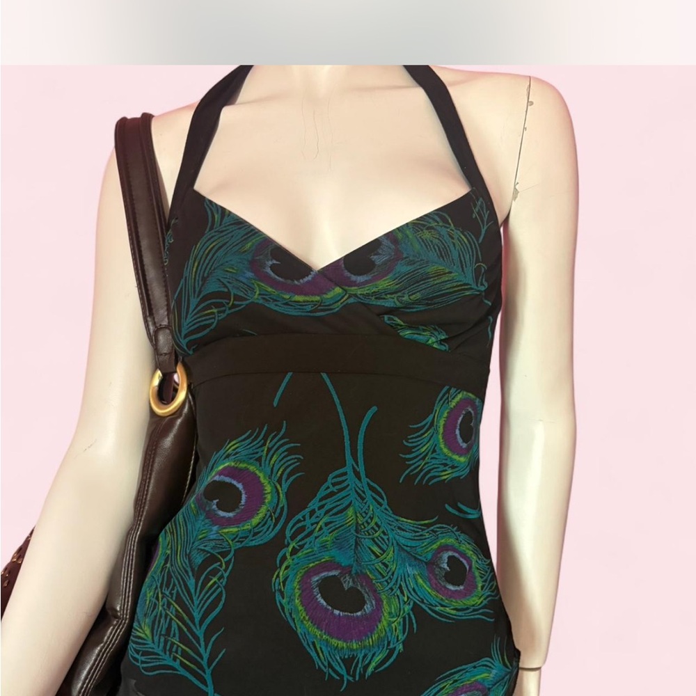Black Halter Dress with Peacock Feather Print
